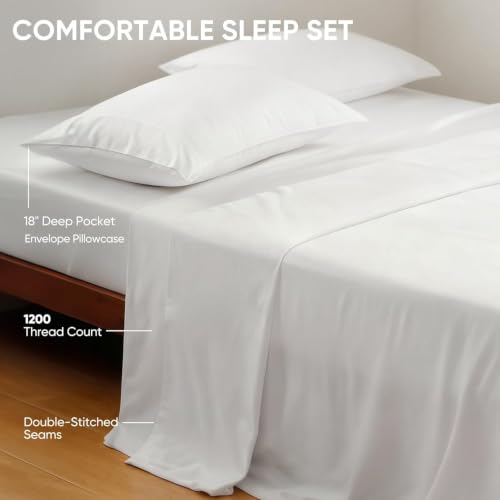 Image of TWK Real 100% Viscose Derived from Bamboo Sheets Set Queen Size, Cooling & Silky Soft for Hot Sleeper, Breathable & Moisture Wicking Fabric, 18 inch Deep Pocket with Corner Straps (White, Queen)