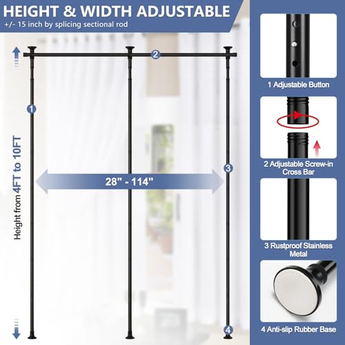 Room Divider Curtain Rod, No Drilling Rod, 4-10ft (H) 28-114inch(W) Adjustable Heavy Duty Floor to Ceiling Self Stand - Anywhere Freestanding Damage Free for Space Partition Matte Black