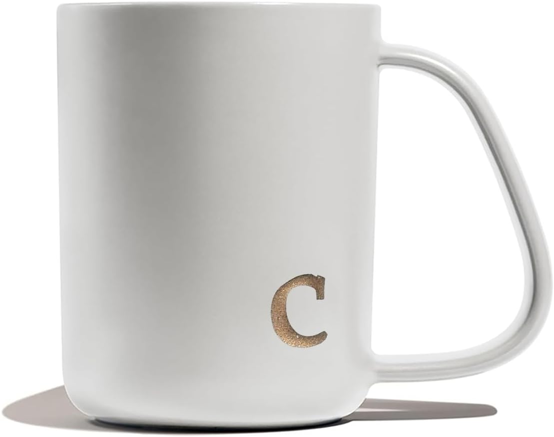COLLECTIVE HOME - Ergonomic Handle Ceramic Mug, 15 oz Personalized Coffee Cup with Golden Initial, Microwave & Dishwasher Safe, Elegant Monogram Tea Mug in Gift Box for Home & Office (White-c)