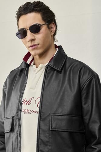 Image of SNITCH CATCH ME IF YOU CAN Men Casual Jacket For Streetwear | Box Fit Lapel Collar Solid With Zip Closure | Artificial Pu Leather & Polyester Lined For Outings