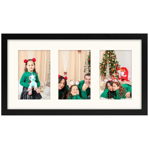 WUTL 8x15 Picture Frame 4x6 Triple Photos Frame With Mat Soild Wood Black