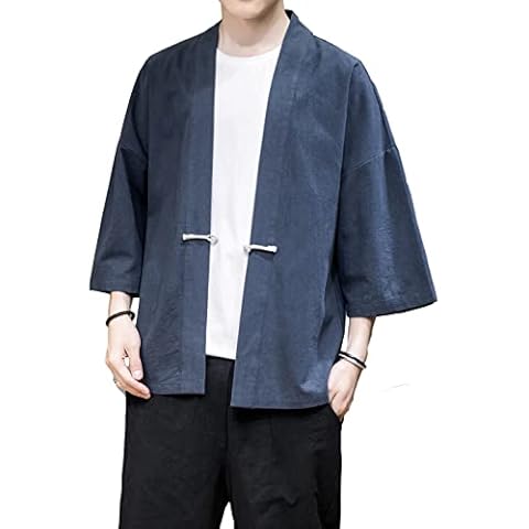 PRIJOUHE Men's Kimono Jackets Cardigan Casual Cotton Blends Linen Seven Sleeve Open Front Embroidery Coat Cover