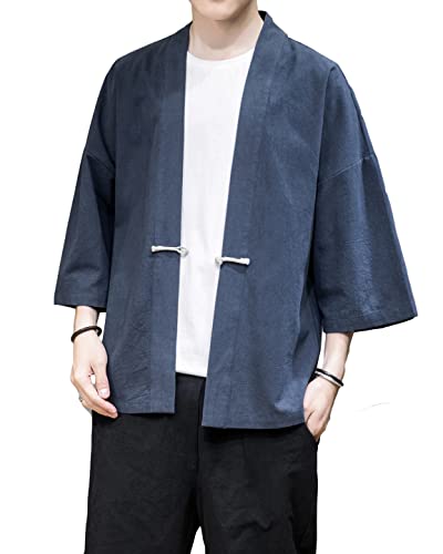 Image of Mens Kimono Cardigan Cotton Linen Japanese Shirt 3 /4 Sleeve Haori Yukata | Skin-Friendly Solid Color Lightweight Shawl Collar Kimono Robe Embroidery Button Tie Pockets Happi Coat All Season Daily Wear