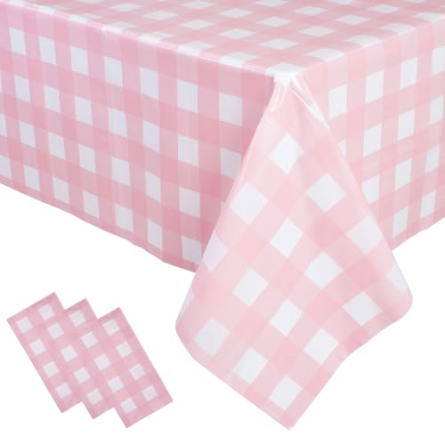 Jetelete 3 Packs Pink Gingham Tablecloth 54 x 108 Inches Pink and White Checkered Disposable Plastic Waterproof Picnic Table Cover for Camping and Birthday Party Supplies