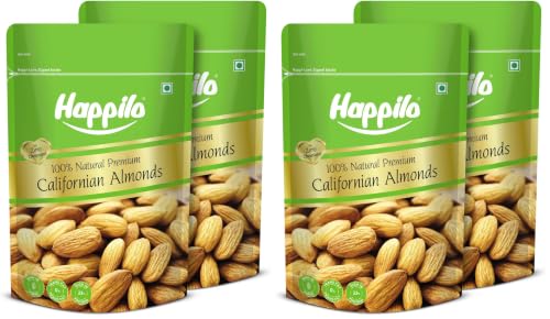 Image of Happilo Premium Natural Californian Almonds 200g (Pack of 4) | Badam Giri, Healthy Snacks, Dry Fruits | Crunchy Nuts | High in Fiber | Rich in Protein | Magnesium | Phosphorus | Zero Cholesterol