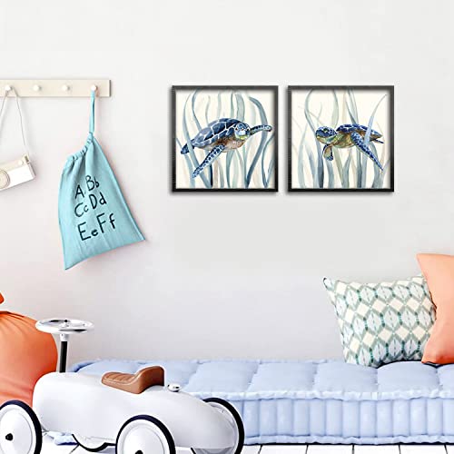 Sycdeor Sea Turtle Framed Wall Art Print - Turtle Across Seagrass Print Artwork For Bathroom Bedroom Kids Room Decor (Black 12"X12") #TOP3