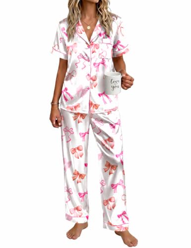 Ekouaer Womens Satin Pajama Set Silky Short Sleeve Button Down Pj Set