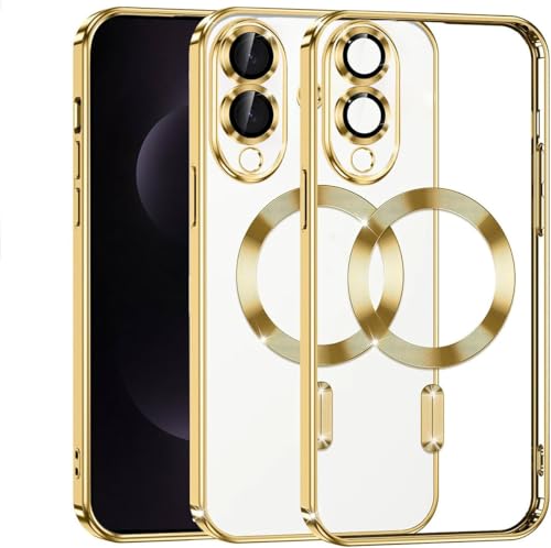 Image of VONZEE Clear Logo Electroplating Transparent Case for Samsung Galaxy S25 Edge 5G, Magnetic Plating [Support for MagSafe Charger] Electroplate TPU Cover - Gold
