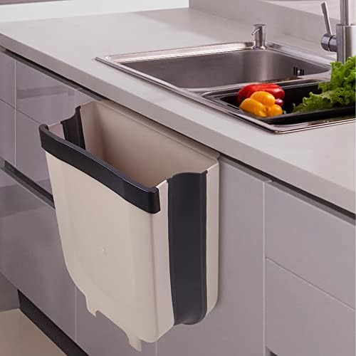plastific Kitchen Over Cabinet Drawer Door Hanging Organizer Basket Balance Attach a Trash Waste Bin Box (Beige - Folding Trash Can)