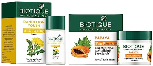 Image of Biotique Bio Dandelion Visibly Ageless Serum, 40 ml And Biotique Bio Papaya Revitalizing Tan Removal Scrub, 75g