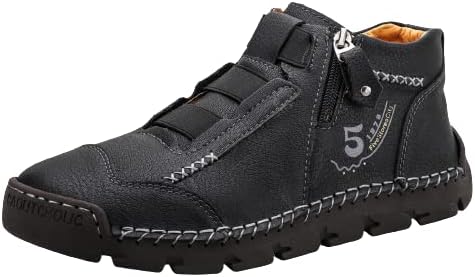 Black Leather Shoes for Men Casual Ankle Lace up Boots Slip on Lightweight Loafers Mid Top Walking Sneakers