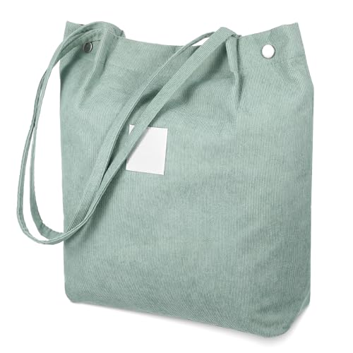 Heclia Sacola de veludo cotelê fofa para mulheres, bolsas de algodão macio de grande capacidade, reutilizável, bolsa de ombro com bolsos internos, bolsa de lona verde com cordão para trabalho, praia