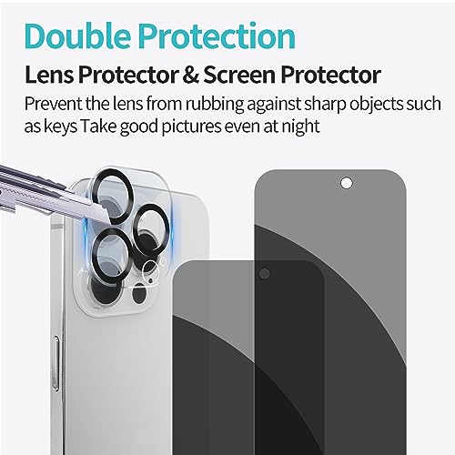 Pehael [2+2 Pack] iPhone 15 Pro Privacy Screen Protector with Camera Lens Protector Full Coverage Anti-Spy Tempered Glass Film 9H Hardness Upgrade Edge Protection Easy Installation Bubble Free - Thumbnail 6
