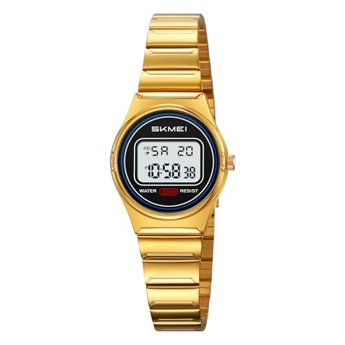 SKMEI Elegante reloj digital para mujer, resistente al agua, de acero inoxidable, con luz LED, Dorado SKMEI Elegante reloj digital para mujer, resistente al agua, de acero inoxidable, con luz LED, Dorado