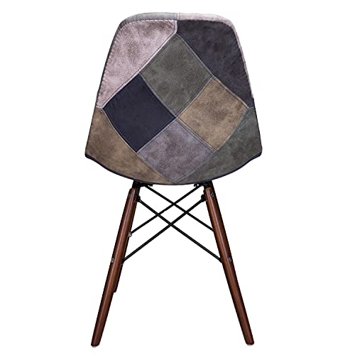 Cozyblock Mooku Blue & Gray Patchwork Leatherette Fabric Upholstered Dsw Dining Side Accent Chair With Dark Walnut Leg Bdsr-Lfab-Lbrn 18.25W*20.5D*32.25H Inches #TOP2