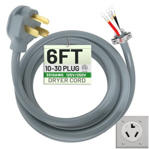 POWGRN 6FT 3 Prong Dryer Cord Pure Copper Wire ETL Listed STW