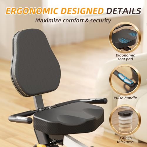 VANSWE Recumbent Exercise Bike, Recumbent Stationary Bikes for Home 400 LBS Weight Capacity, Exercise Bike for Home Seniors with Smart App and Bluetooth Connectivity, LED Display, Pulse Handle (Yellow/Black) - Thumbnail 6