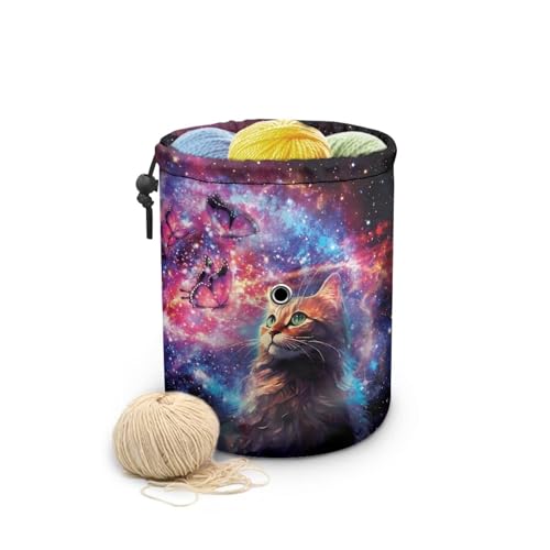 Image of Sellikakes Small Yarn Bag Yarn Holder Crochet Organizer, Cat Galaxy Crocheting Storage Bag, Knitting Bag Yarns Store Skein Ball, Crochet Project, Knitting Supplies