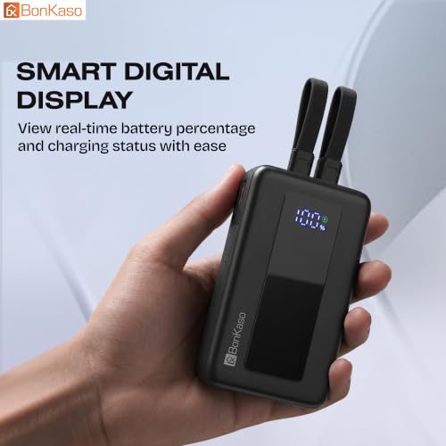 Image of Bonkaso 10000mAh 35W PD Power Bank with Inbuilt Type-C & Lightning Cable, Digital Display, USB-A & Type-C Output, Compact Portable Charger for Mobiles Tablets & Type-C Laptops :-Black