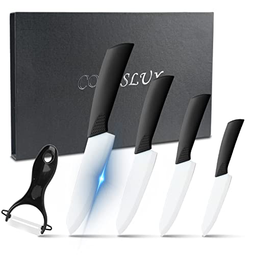 Coreslux Ceramic Knife Sets, 6 Piece Ceramic Knife Set 6" Chef Knife 5" Utility Knife 4" Fruit Knife 3" Paring Knife 1'' Vegetable Fruit Peeler, Kitchen Knife Set (White) #TOP23