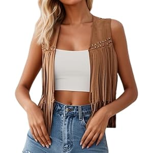 Generisch Cowgirl Kostüm Damen Quaste Ärmellose Weste Faux Wildleder Fransen Jacke 70er Jahre Hippie Boho Western Mantel fransen ärmellos weste kleidung damen-westen Karneval