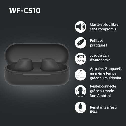 Sony WF-C510 Truly Wireless - Ecouteurs Intra-Auriculaires Bluetooth, Petits, Légers, Connexion Multipoint, Son Ambiant, IPX4, Spotify Tap, Charge Rapide, Batterie jusqu'à 22h, iOS et Android – Noir