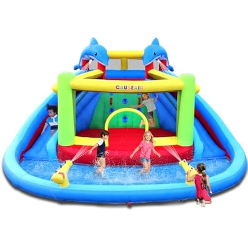 Causeair Inflatable Water Slide with Bounce House,Dolphin Styling,Splashing Pool,Double Water Cannon,Climbing Wall,Heavy Duty Air Blower,Inflatable Water Park Slide for Kids Backyard Summer