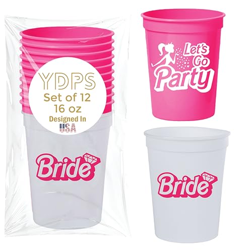 Lets Go Party Bachelorette Cups Set of 12-16oz Pink Reusable Cups with 1 Bride Cup and 11 Party Cups for Girls Night or Weekend