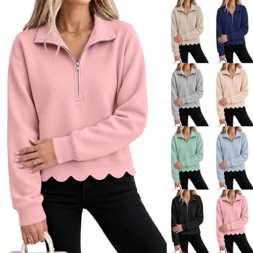 Cropped Scalloped Sweatshirt Women Fleece Cute Quarter Zip Pullover Women