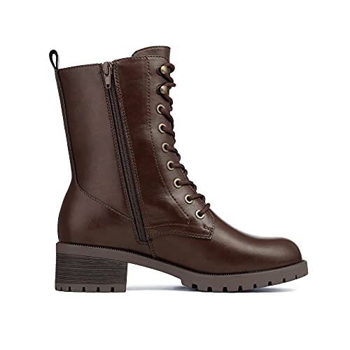 DREAM PAIRS DREAM PAIRS Black Lace-up Combat Boots Mid-calf Military Winter Boot for Women,Size 8,Brown/Pu,DMB214