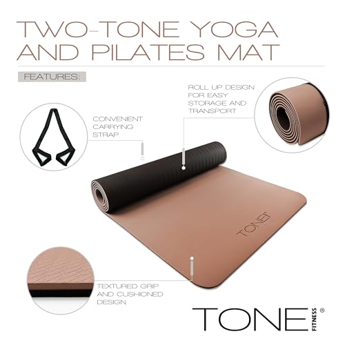 TONE Fitness Yoga Mat 1/4\" Thick Non Slip Exercise & Pilates Mat for Home Workouts with Carrying Strap | V Pattern | Black/Mocha
