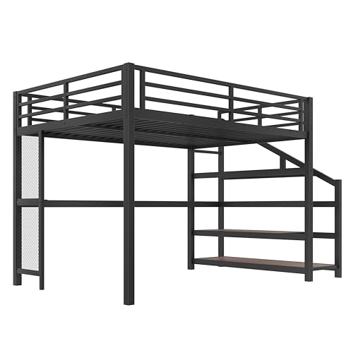 Bellemave Queen Size loft Bed with Storage Stairs, Shelves, Metal Queen Loft Beds with LED Lights, USB Ports, Multifunctional Iron Nets for Adults, Kids, Teens, Black by Bellemave - Used condition - Image 8