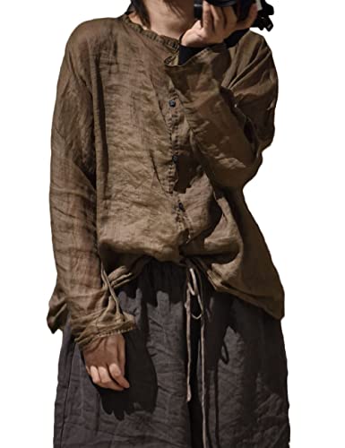 NFYM Womens Ramie Linen Sheer Button Down Shirt Casual Long Sleeve Loose Fit Art Retro Shirt Blouse