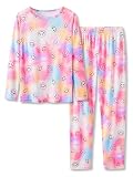 Beezizac Tie Dye Pajamas for Girls Smiling Face Pattern Tween Clothes Long Sleeves & Pants PJ Set Big Kid Size 18