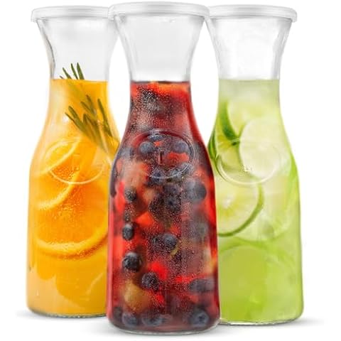 KooK Glass Carafe, Mimosa Bar Supplies, Carafe Pitchers with Lid, Set of 3, Glass Water Pitcher, Drink Dispensers for Parties, Tea, Wine, and Juice, Plastic Lids, Dishwasher Safe, 35 oz Cover