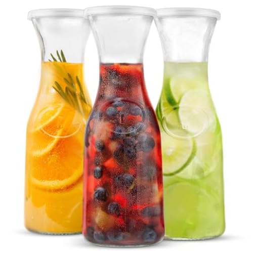 KooK Glass Carafe, Mimosa Bar Supplies, Carafe Pitchers with Lid, Set of 3, Glass Water Pitcher, Drink Dispensers for Parties, Tea, Wine, and Juice, Plastic Lids, Dishwasher Safe, 35 oz