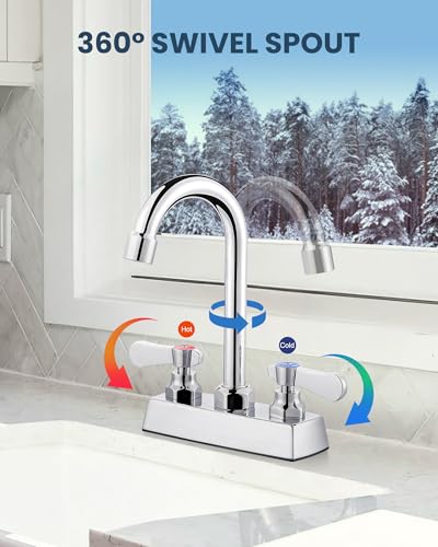 Image of Commercial Bar Sink Faucet 2 Hole,4 Inch Center Deck Mount Hand Sink Faucet,3.8″ Gooseneck Swivel Spout Bar Faucet,Brass Construction Chrome Polished with Dual Handles for Utility Laundry Kitchen