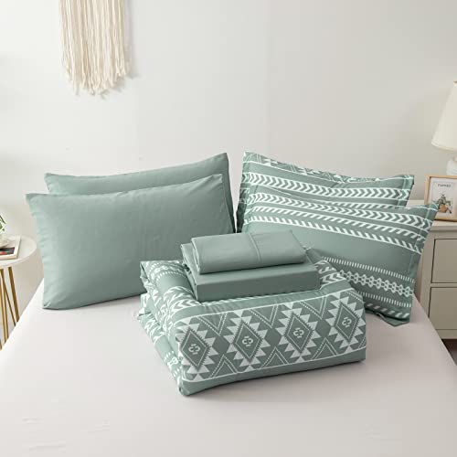 Queen Comforter Set,Bed In A Bag 7 Piece,Reversible Boho Queen Bed Comforter Set Aztec Art Pattern For All Season Soft Microfiber Bedding Set With Comforters, Sheets, Pillowcases & Shams(Green,Queen) #TOP6