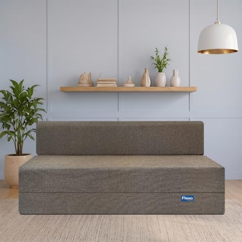 Image of Starlon 3 Seater Sofa Cum Bed Foldable 3-in-1 Sofa Bed with 1 Year Warranty, Washable Jute Fabric Cover & 2 Geometrical Pillows | Guest Bed | Coffee Brown 5x6.5 Ft