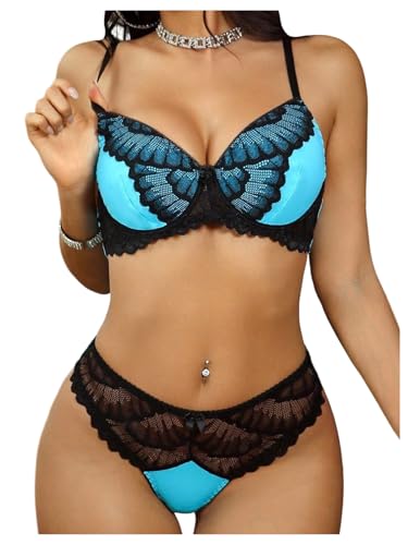 Ensemble lingerie dentelle papillon noir et bleu avec soutien-gorge armatures