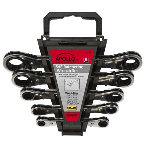Apollo TOOLS 5 Piece SAE Steel Ratcheting Wrench Set includes 5 Ratcheting Wrenches in Quick Release Case for Trunk, Garage and on the Road - DT1212
