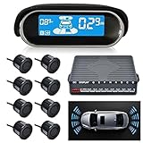 Riloer Radars de recul pour Voiture Kit d'affichage LCD Double cœur pour système de Radar arrière et de recul avec Vue Avant et arrière N8P4L Commutateur Quatre Langues avec 8 capteurs Noirs