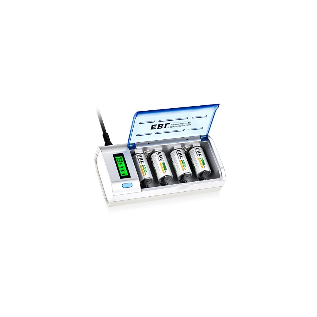 EBL 906 Smart Charger for AA AAA C D 9V Rechargeable Batteries with 4 Pieces 5000mAh C Rechargeable Batteries