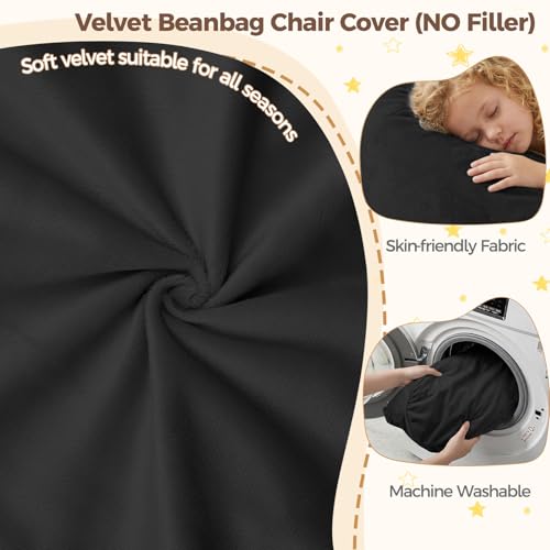 Image of Stuffed Animal Storage Bean Bag Chair Cover for Kids (No Filler), Soft Comfy Velvet Beanbag Chair Cover Machine Washable, Kids Bean Bag Chair with Handle for Living Room Bedroom Dorm, Black