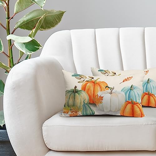 Kawani PUMPKINPW-230612-1 Fall Maple Leaves Lumbar Pillow Covers 12X20 In Teal Orange White Green Pumpkins Decorative Couch Pillow Cases Set Of 2 Autumn Thanksgiving Throw Pillows Farm Decor thumb #4