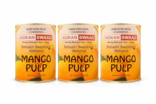 Image of KOKANSWAAD Ratnagiri Alphonso Mango Pulp Sweetened 850g Rich & Juicy Aamras, Canned Mango Puree, No Preservatives, Non-GMO, Perfect for Juices, Smoothies & Desserts (Pack of 3)