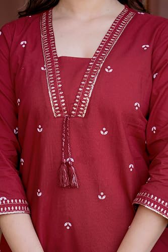 Image of PARTHVI Women's Pure Cotton Printed Straight Kurta Set with Palazzo Pants & Dupatta- Ethnic Wear, Red