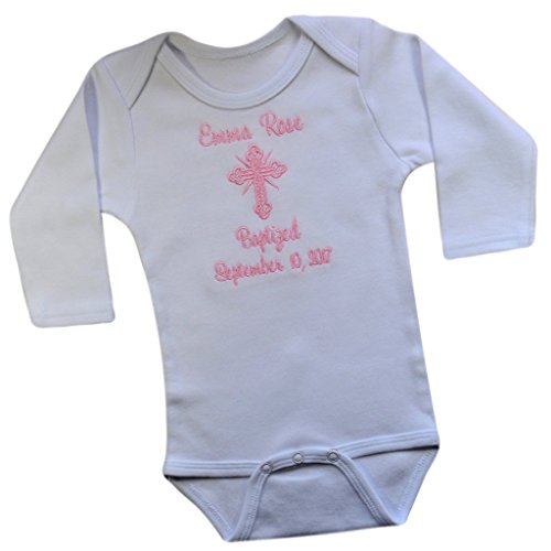 Funny Girl Designs Personalized Christening Keepsake Romper Bodysuit Embroidered with Name and Baptism Date