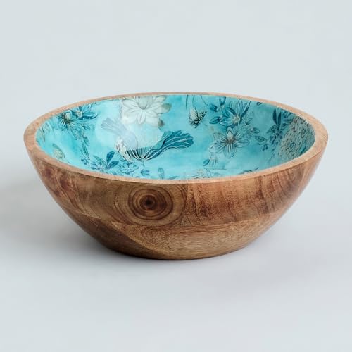 Image of SAAGA Large Mango Wood Mixing Bowl | 8 x 2.5 Inch Printed Wooden Serving Bowl for Salads, Fruits, Snacks & Curries | Handcrafted Kitchen & Dining Bowl | Marine Blue