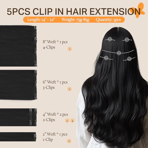 Image of DOORES Clip in Human Hair Extensions, 80g 5pcs Jet Black 20 Inch Remy Hair Extensions Clip in Natural Straight Real Hair Extensions